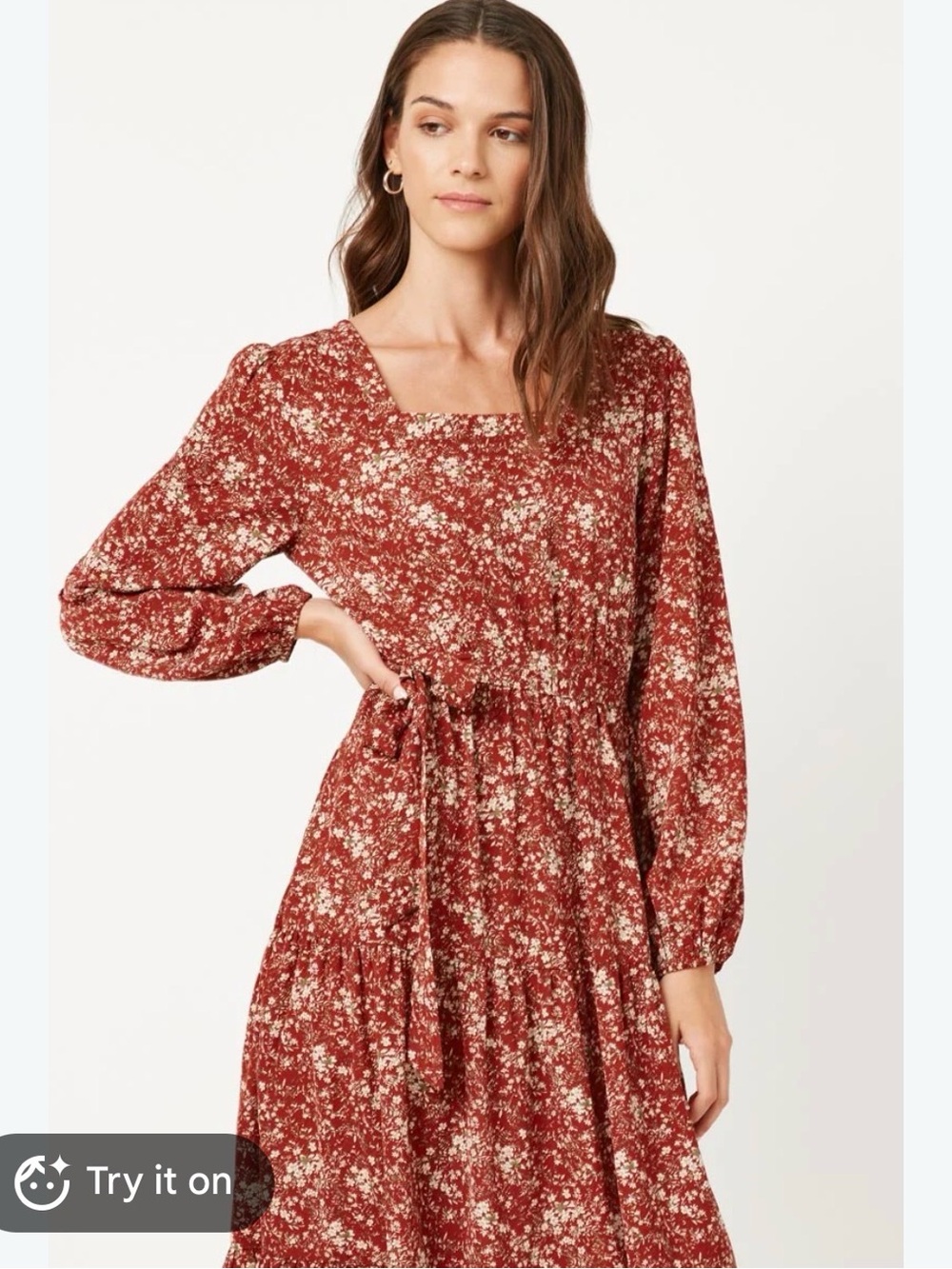 Hayden Floral Square-Neck Long Sleeve Dress in Rust